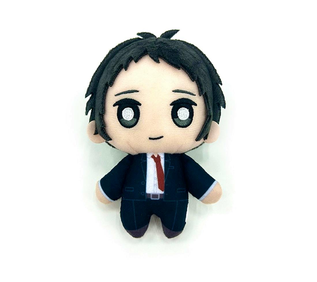 Front view of the P4G plush keychain (足立透) showing the character wearing a dark suit and red tie on a white background.