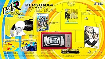 Promotional image showing the PERSONA 4 REVIVAL Limited Box contents: yellow T‑shirt, special illustrated box, TV‑shaped smartphone pouch, art book, and game case.