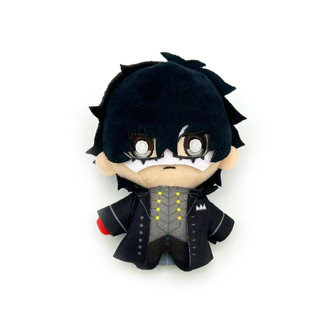 Front view of the P5R Joker plush keychain showing the character's black hair, white mask, and black coat.