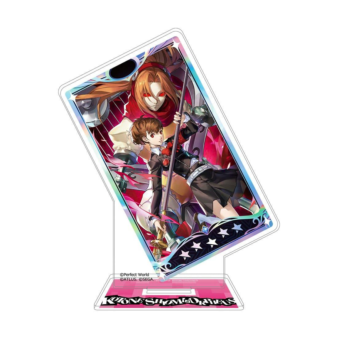 Acrylic display stand showing Kotone Shiomi and Orpheus illustrated on a tilted card above a pink rectangular base.