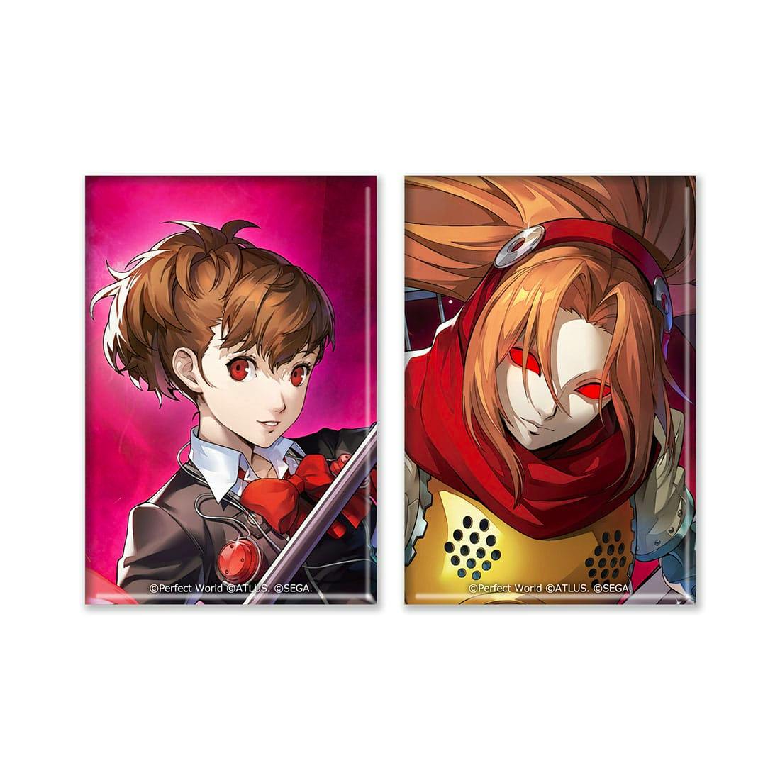 Two square can badges showing artwork of Kotone Shiomi (汐見琴音) on the left and Orpheus (オルフェウス) on the right from Persona5: The Phantom X.