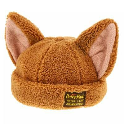 Front view of a brown fuzzy cap with two animal ears and a 'Peter Pan' label on the cuff.