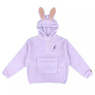Light purple oversized polyester hoodie with a front pouch pocket, bunny ears on the hood, and a small Peter Pan embroidery on the chest.
