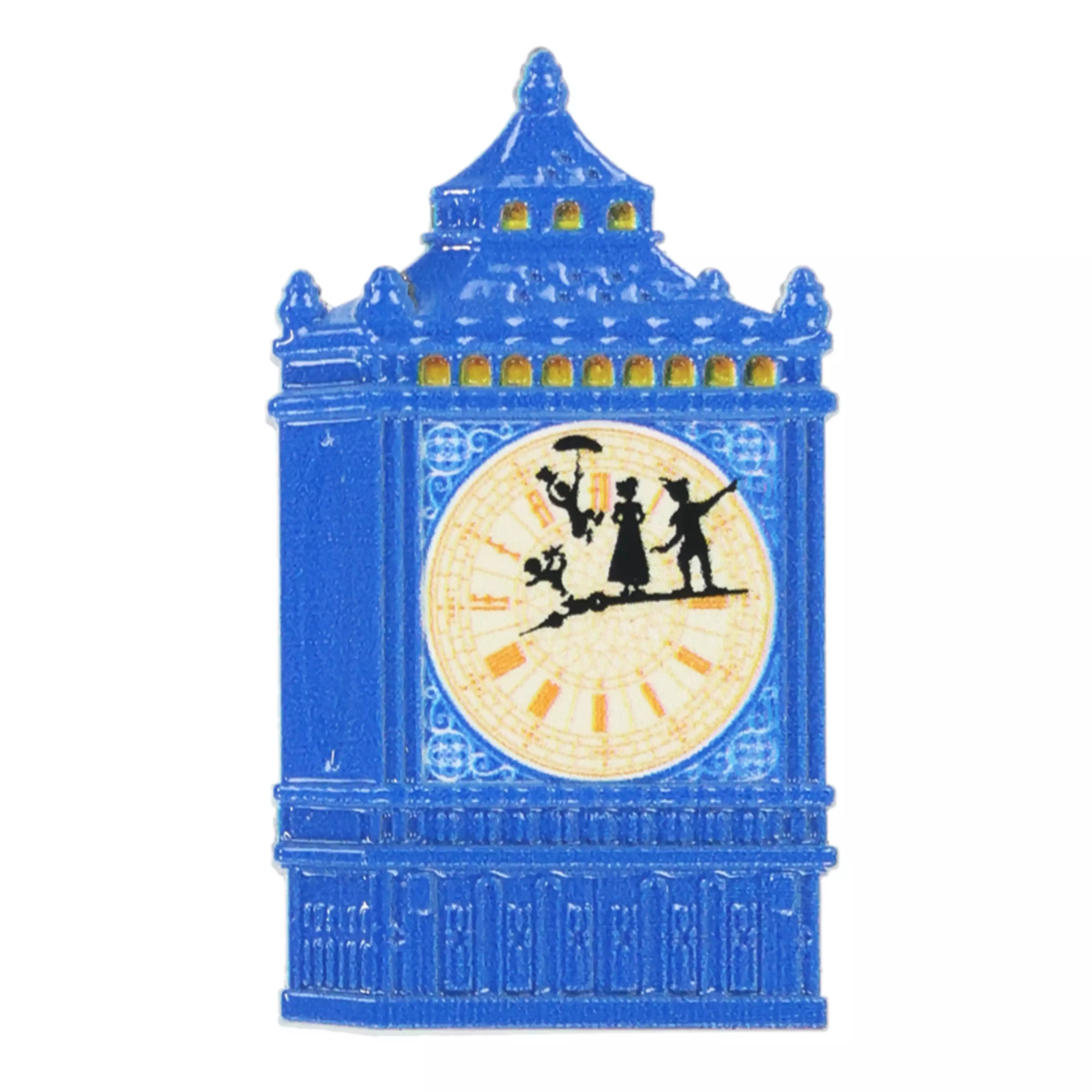 Blue enamel pin badge shaped like a clock tower with a clock face featuring silhouettes of Peter Pan characters.