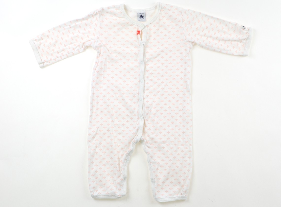 Front view of a PETIT BATEAU size 70 coverall laid flat showing long sleeves and front snap closure.