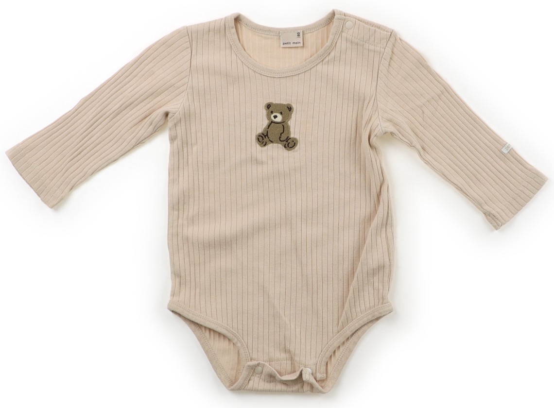 Beige long-sleeve baby romper (size 80) with a small teddy bear patch on the chest, laid flat on a white background.