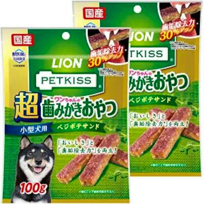 Front view of two green PETKISS Dog Super Tooth Treats Vegetable Potato Sand packages (pack of 2) showing product name, an image of the treats, and a dog's face.