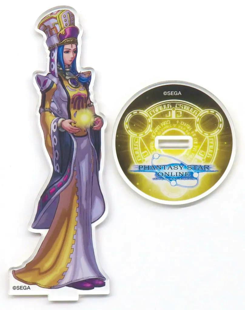A photo of an acrylic character stand of the Fomal character alongside its round printed base from the Phantasy Star Online 25th anniversary series.