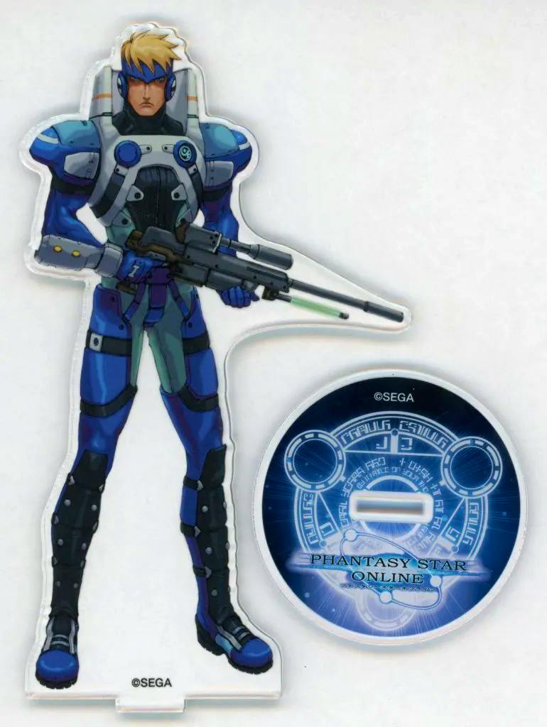 Photo of the acrylic character stand レイマー with its round printed Phantasy Star Online base on a white background.