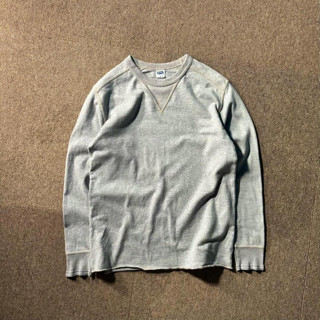 Gray Pherrow's heavyweight long-sleeve cotton sweater (men's S) laid flat showing the front and V-stitch detail.