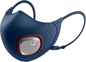 Philips ACM033/01 Breeze kids' blue face mask showing the front-mounted circular electric fan module and adjustable ear loops.