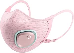 Pink kids' face mask with ear loops and a circular electric fan unit on the front.