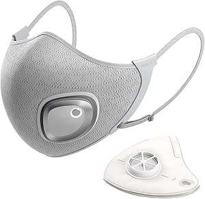 Gray Philips Breeze face mask with adjustable ear loops shown next to a separate round vent/filter piece.