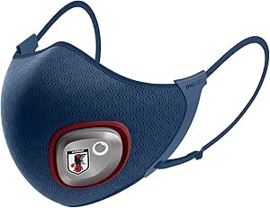 Front view of a navy-blue Philips Breeze mask with an integrated electric fan unit and the Japan national football team crest on the side.