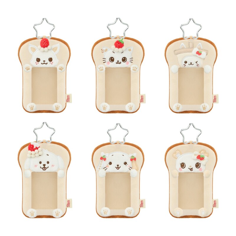 Six toast-shaped photo card cases with clear front windows and star-shaped clips shown in six different character designs.