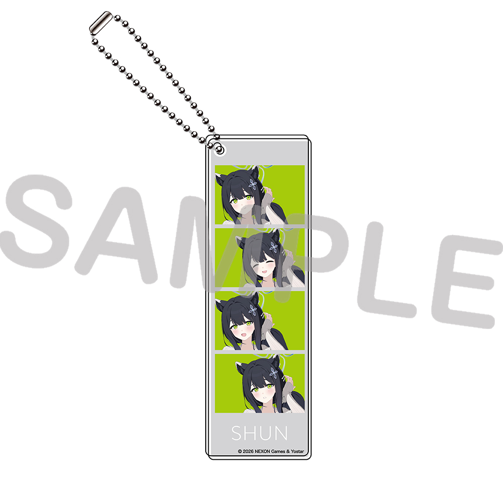 Rectangular acrylic keychain showing four stacked images of the character Shun in a swimsuit, attached to a ball chain.