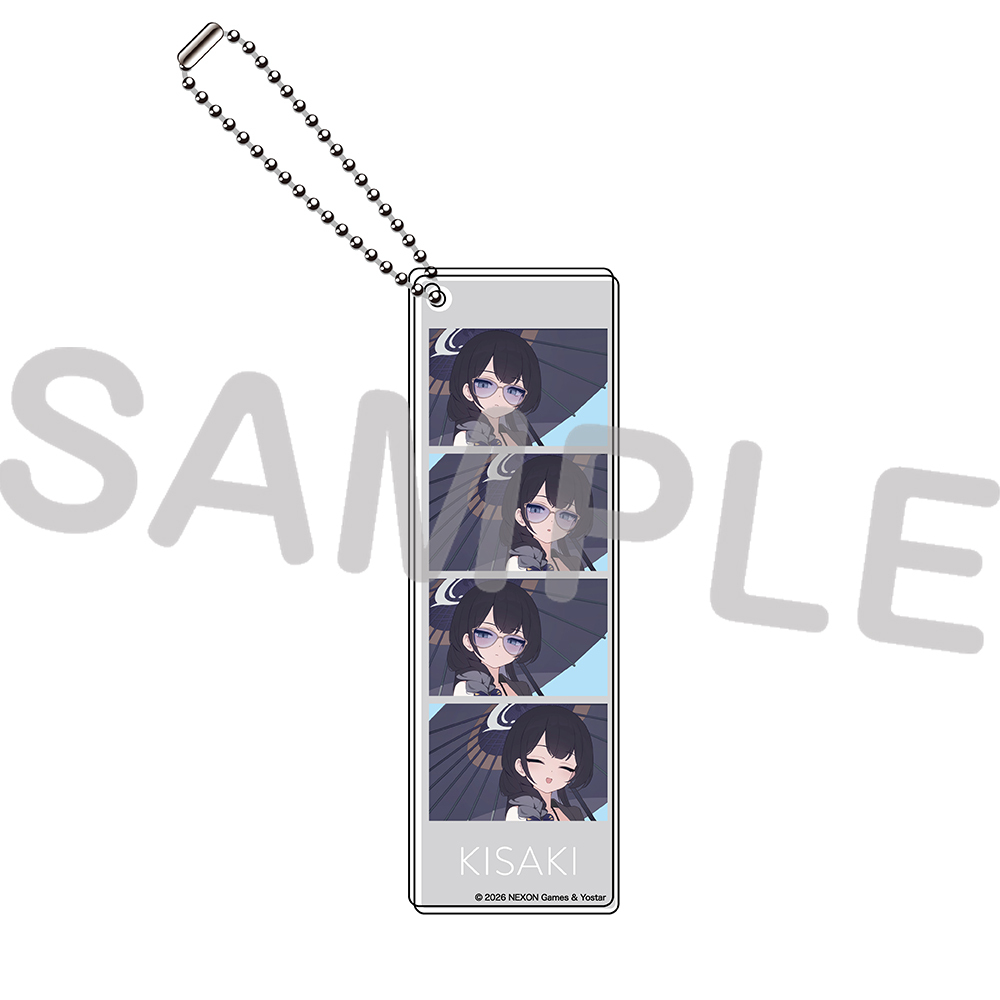 Rectangular acrylic keychain showing three vertical panels of the character Kisaki in a swimsuit with a ball chain attached and the name KISAKI at the bottom.