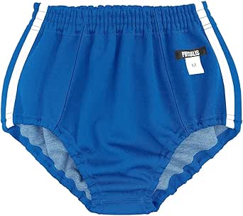 Front view of blue PHYSALIS D1 women's sports bloomers with elastic waistband and white side stripes.