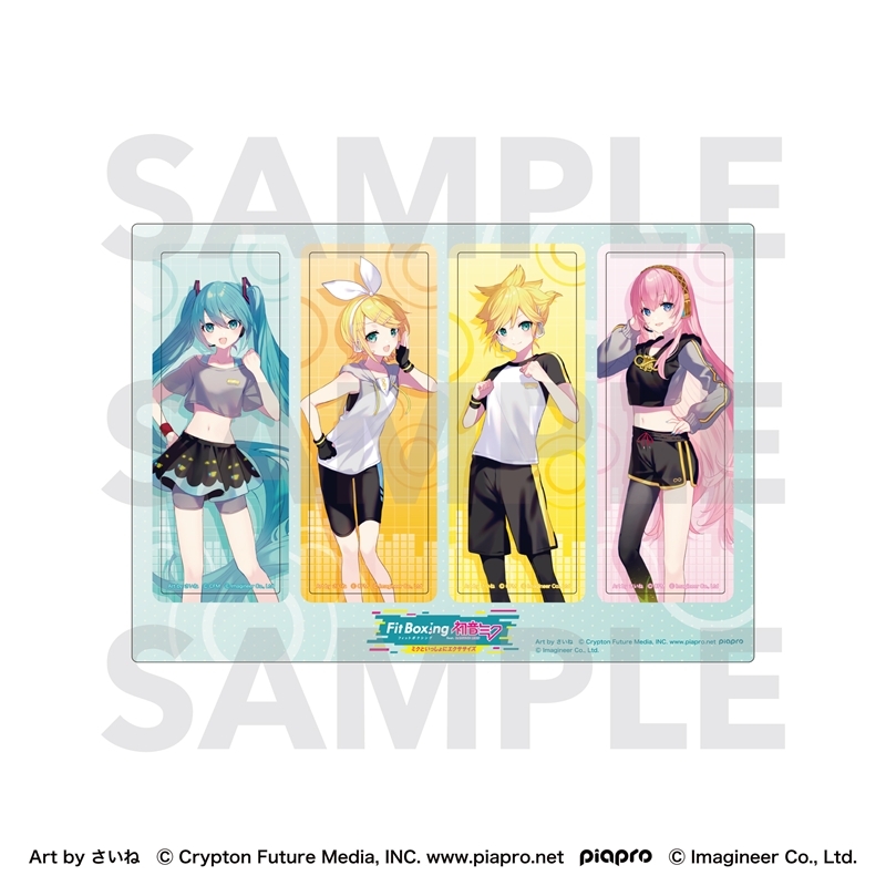 Four clear bookmarks on a display sheet showing Piapro characters (Hatsune Miku, Kagamine Rin, Kagamine Len, Megurine Luka) in athletic outfits with a SAMPLE watermark.