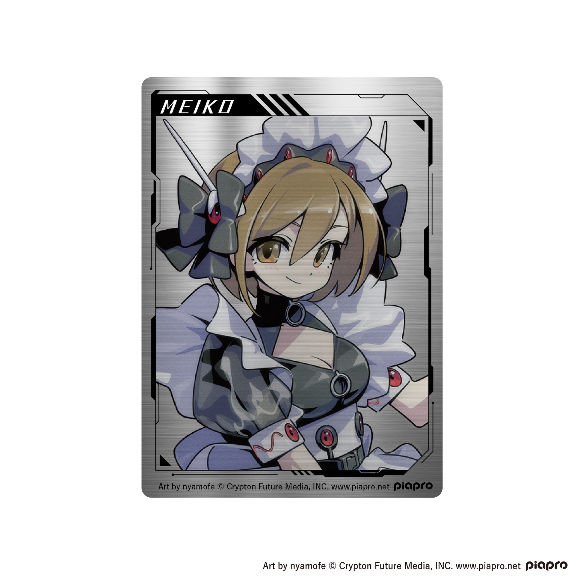 Front of a metal card featuring the illustrated character "MEIKO" in a maid outfit on a brushed metal background.