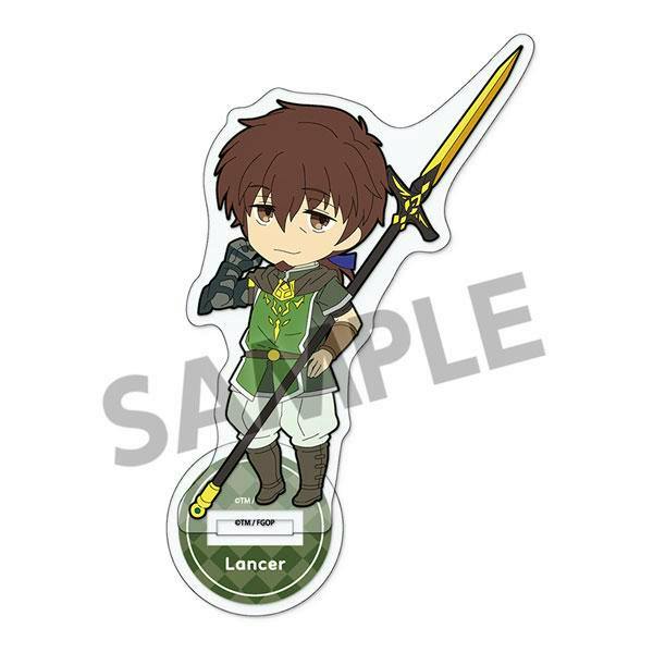 Chibi-style acrylic stand of Lancer (Hector) holding a spear with a round base labeled "Lancer".