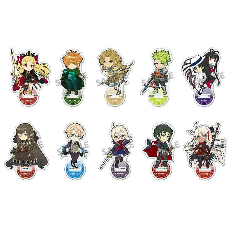 Ten chibi-style Fate/Grand Order acrylic stand figures arranged in two rows, each on a colored circular base labeled with its class.