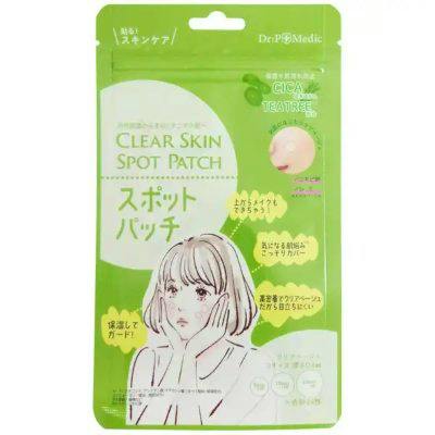 Green retail packaging labeled "Clear Skin Spot Patch" with Japanese text, an illustration of a woman, and an image of a spot patch.