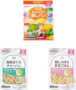 Box of Pigeon microwave steamed bread for around 9 months showing colorful steamed bun illustrations and product text.
