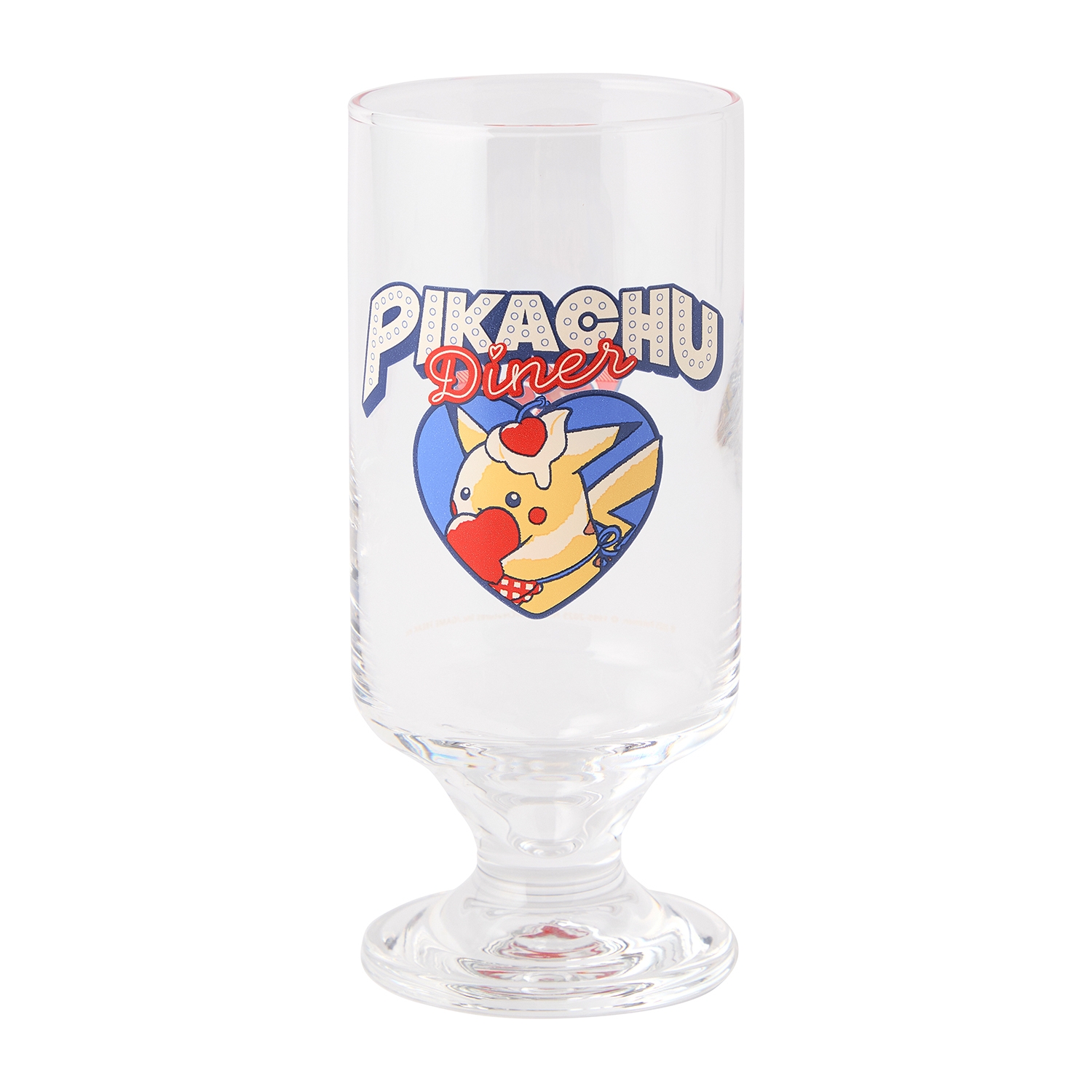 Clear drinking glass showing a "PIKACHU Diner" graphic with Pikachu inside a heart.