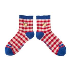 Mid-length socks (23–25 cm) showing a red-and-white checkered pattern with blue toe and heel and small Pikachu face motifs.