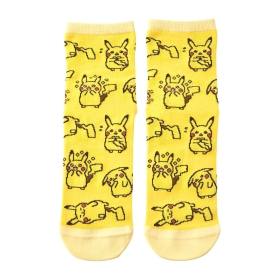 A pair of yellow mid-length polyester socks laid flat, printed with repeating Pikachu faces.