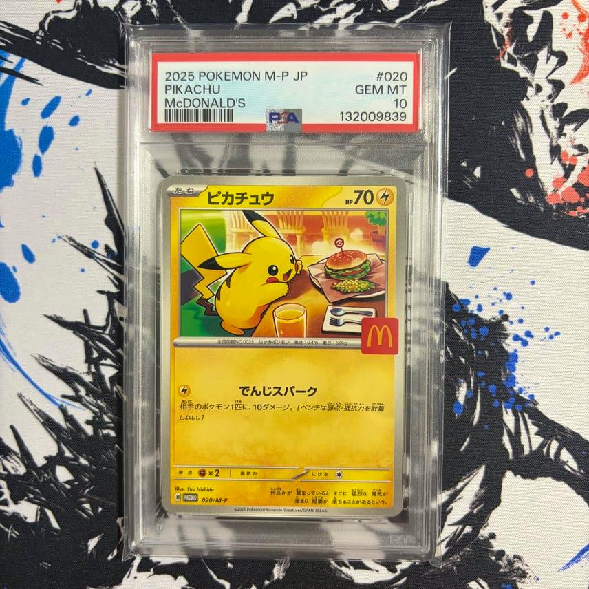 A graded Pikachu trading card in a clear PSA slab with the McDonald’s logo visible on the card.