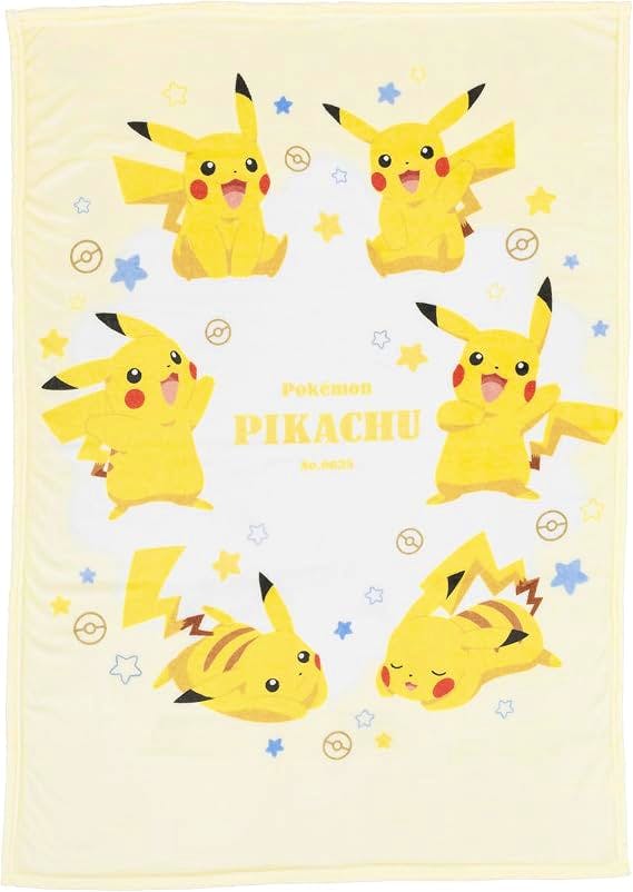 A blanket showing multiple Pikachu illustrations and star motifs on a pale background.