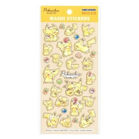 Full sheet of Pikachu washi stickers on beige backing with yellow header packaging.