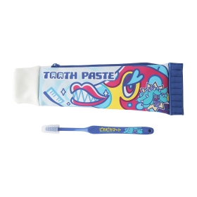 A blue-handled toothbrush displayed next to a colorful cartoon-designed toothpaste tube.