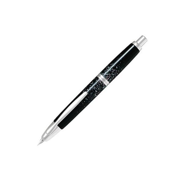 Black Pilot Capless fountain pen with raden decoration and silver trim shown with its medium nib exposed.