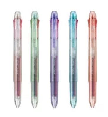 Five Pilot Coleto ballpoint multipens in translucent sorbet colors shown upright.