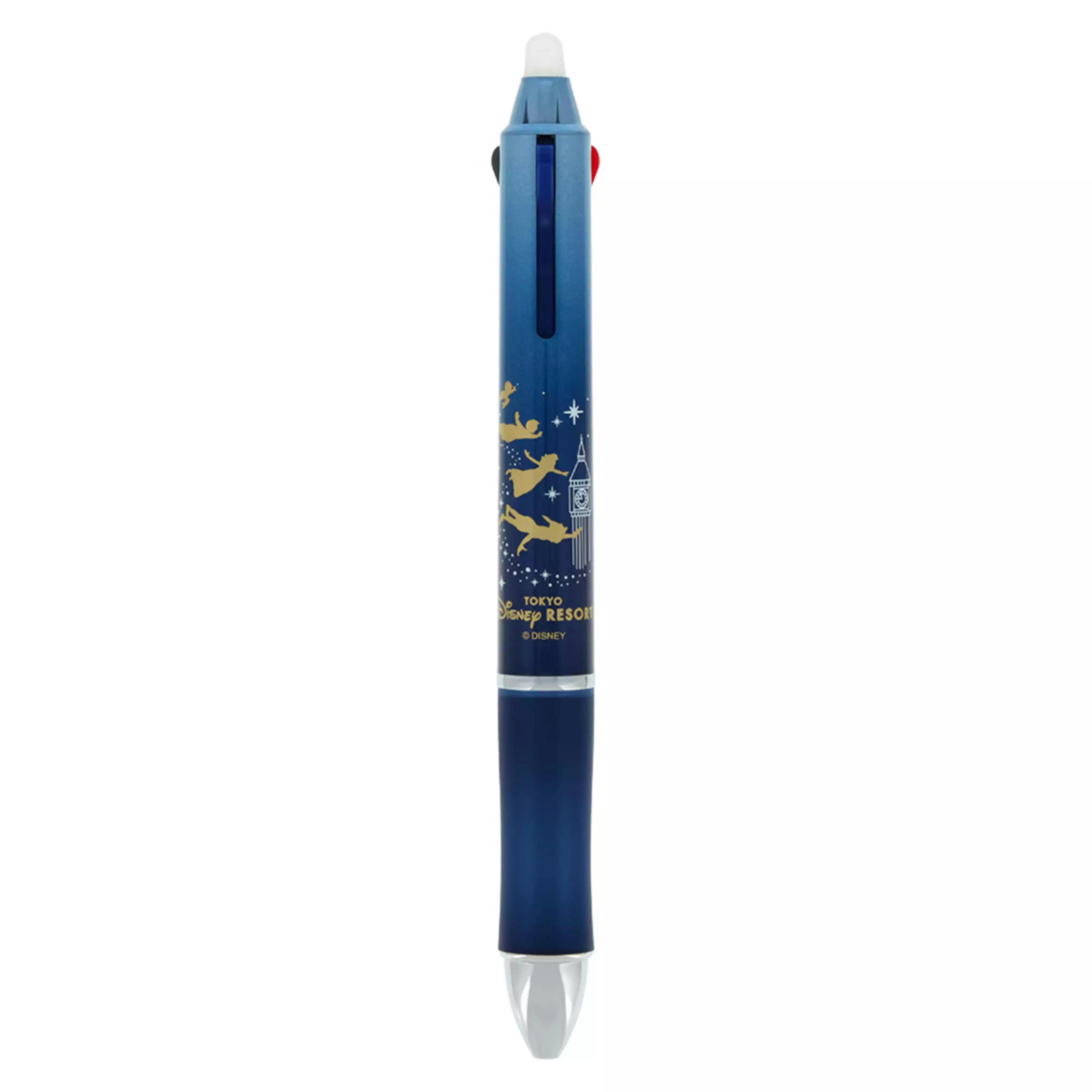 Blue 3-color Friction ballpoint pen with Peter Pan gold silhouette design and color-selector buttons.