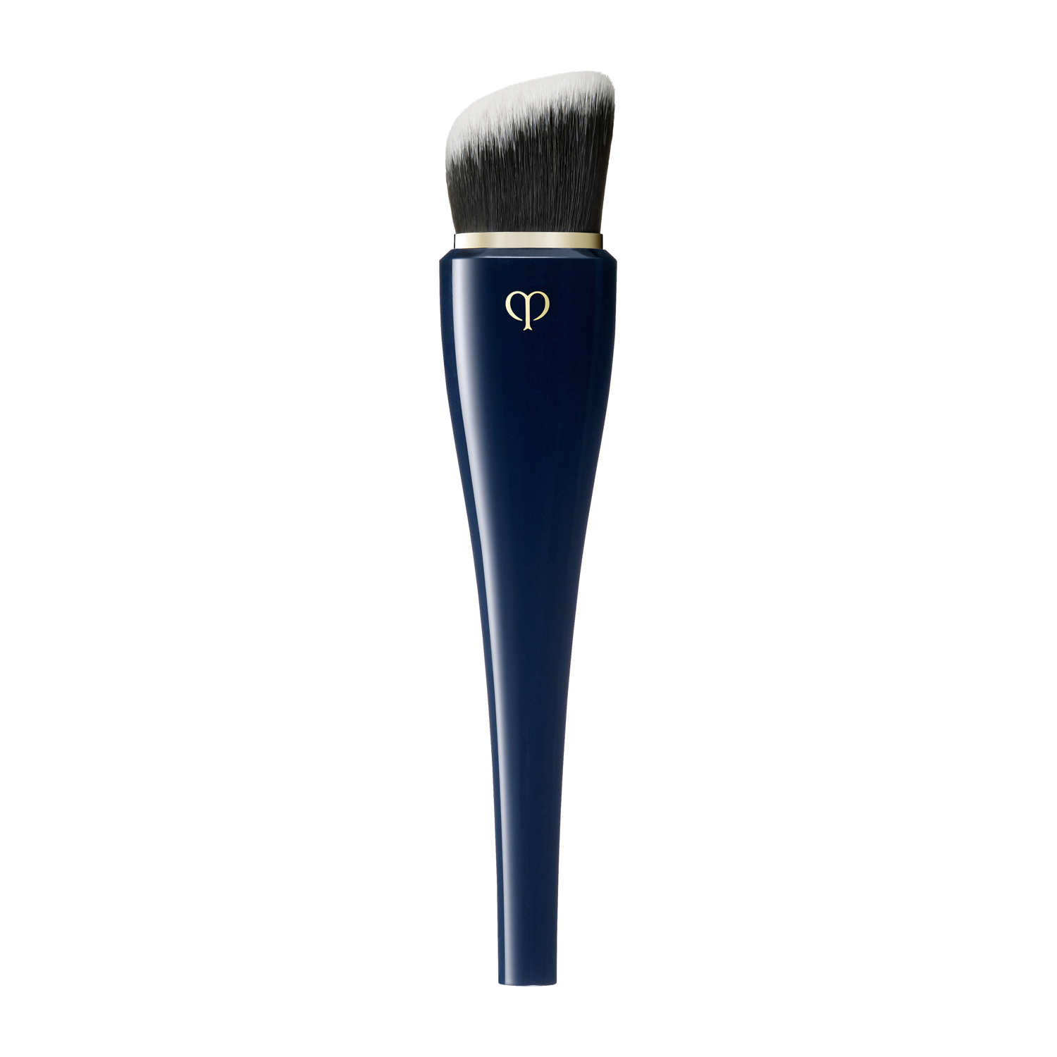 An angled makeup brush with a navy handle and two-tone bristles shown on a white background.