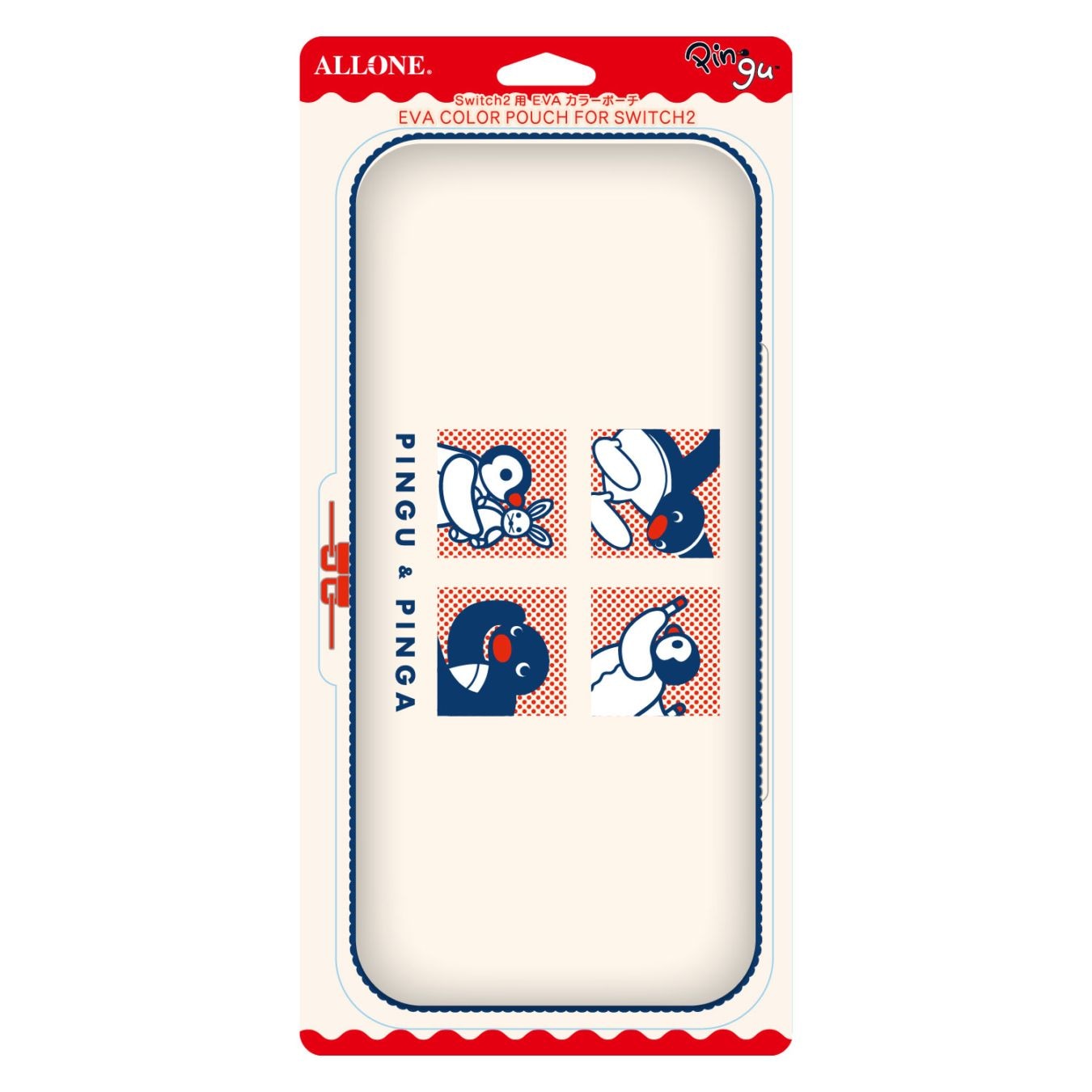 Packaged EVA game pouch visible through blister packaging, showing four blue-and-red Pingu and Pinga illustration panels.