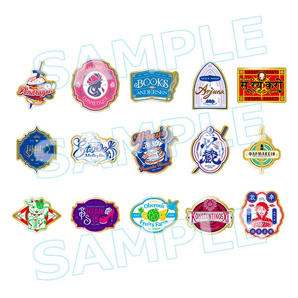 A white-background layout showing all fifteen pin designs (front views) arranged in rows with a SAMPLE watermark.