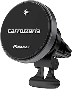 Front view of a Pioneer Carrozzeria magnetic car phone holder with a circular Qi2 wireless charging pad on an air-vent clip.