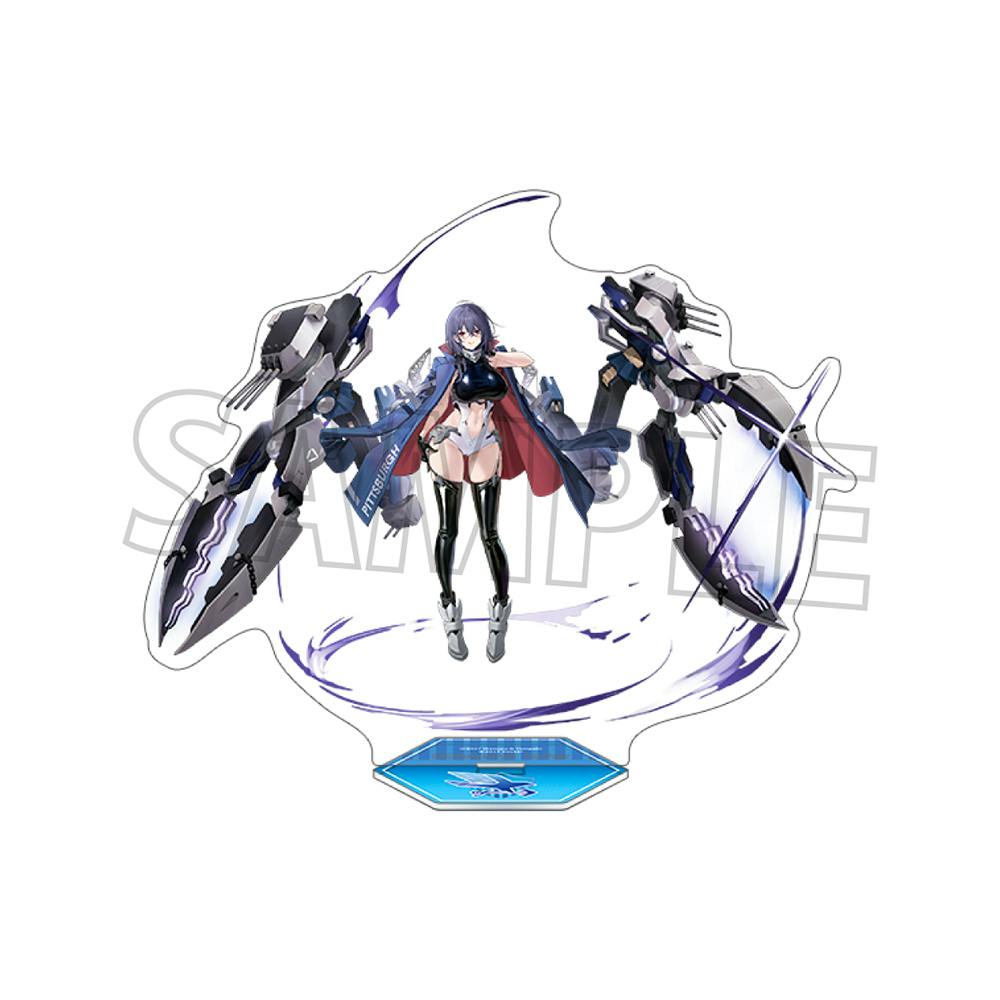 A photo of an acrylic stand depicting a female character with mechanical arm attachments and a blue hexagonal base on a white background.