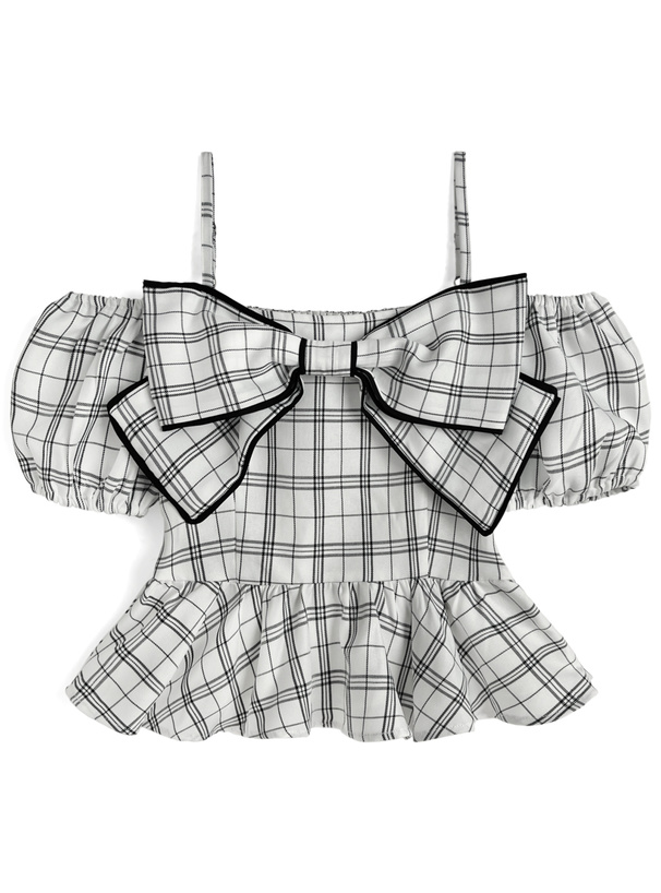 Front view of the check-pattern off-shoulder women's blouse with a large bow, thin shoulder straps, puff sleeves, and a ruffled hem.