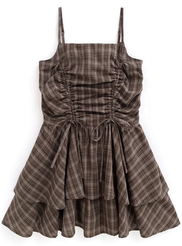 Flat-lay front view of a brown checked drawstring ribbon mini dress with thin shoulder straps.