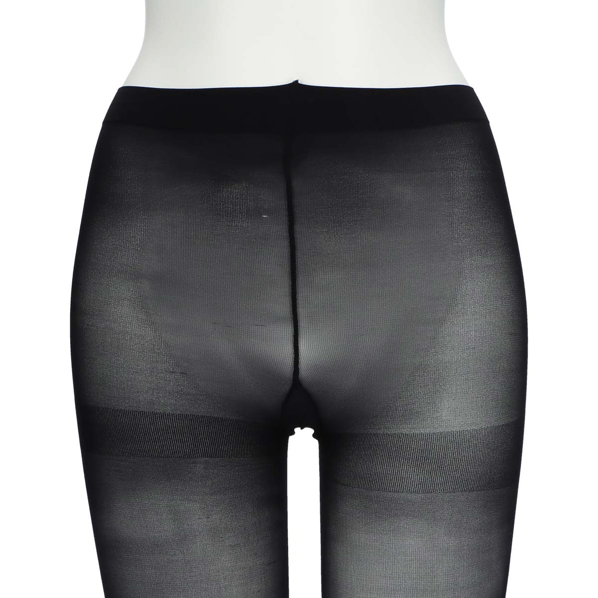 Back view of black sheer tights on a mannequin showing the waistband and upper leg area.