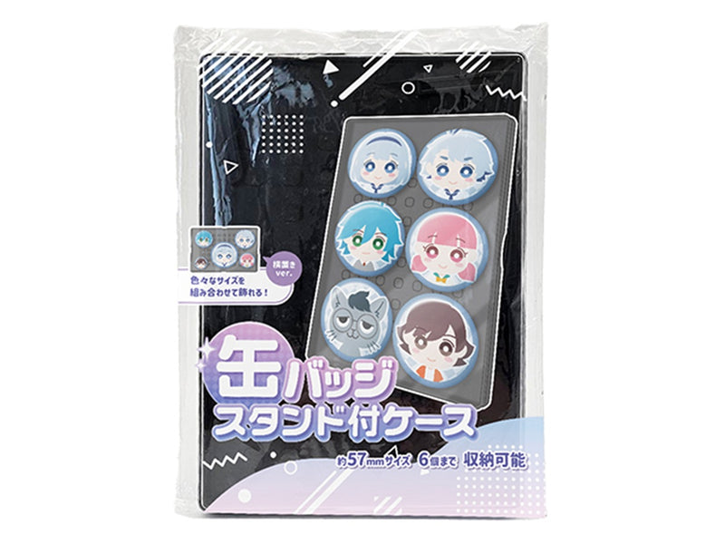 Packaged plastic case with a built-in stand shown holding six sample round can badge illustrations on the front.
