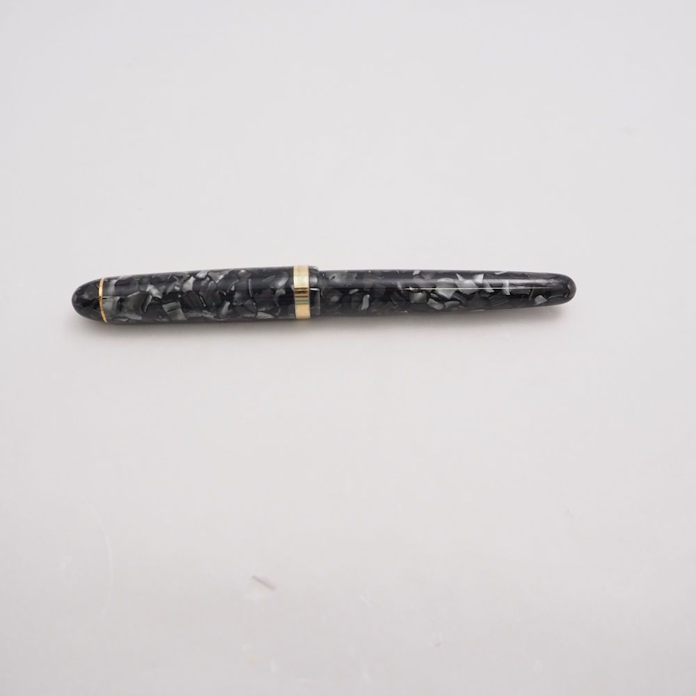 Capped Platinum 3776 Century celluloid fountain pen with black-and-gray marbled finish shown on a white background.