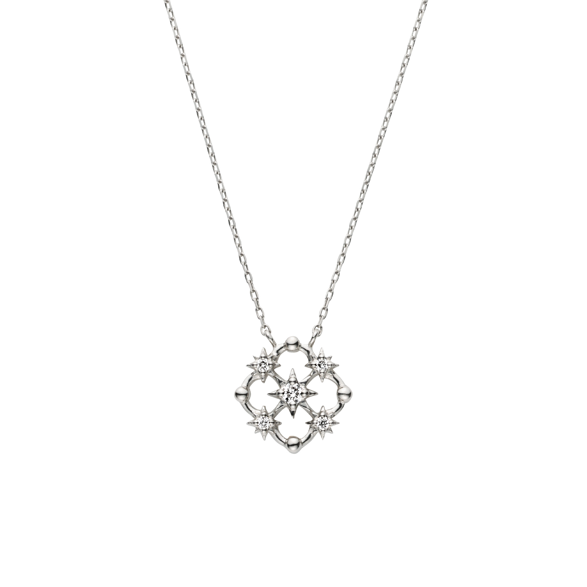A platinum diamond necklace with a decorative pendant on a fine chain displayed on a white background.