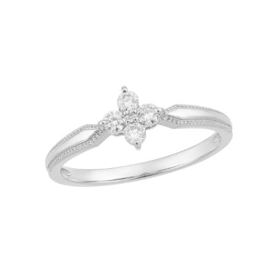 A platinum diamond ring with a four-stone cluster and split band on a white background.